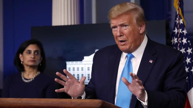 President Donald Trump speaks about the coronavirus at a press briefing at the White House.(AP Photo)