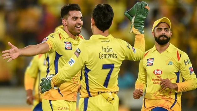 Chennai Super Kings (CSK) bowler Deepak Chahar (L) celebrates with teammates(PTI) Chennai Super Kings (CSK) bowler Deepak Chahar (L) celebrates with teammates(PTI)