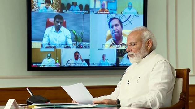 Prime Minister Narendra Modi holds a meeting with floor leaders of parties whose combined strength in Lok Sabha and Rajya Sabha adds up to 5 MPs through video conferencing and discusses the situation of COVID-19, in New Delhi on Wednesday.(ANI)