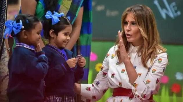 US First Lady Melania Trump interacts with school children during her visit to a government school to witness various activities as part of the ‘happiness curriculum’, in New Delhi.(P) US First Lady Melania Trump interacts with school children during her visit to a government school to witness various activities as part of the ‘happiness curriculum’, in New Delhi.(P)