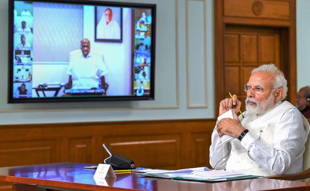 Prime Minister Narendra Modi interacts with floor leaders of the Opposition parties on Covid-19, April 8, 2020(PTI)