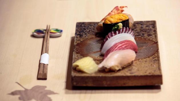 A sushi set at the Sushi Ginza Onodera restaurant in Tokyo. Fuka Sano, the other female apprentice at Onodera, said she didn’t think too much about the lack of women in the field when she decided to become a sushi chef. “I guess women think a sushi chef is a man’s job because there are so few women,” she said. (Behrouz MEHRI / AFP) A sushi set at the Sushi Ginza Onodera restaurant in Tokyo. Fuka Sano, the other female apprentice at Onodera, said she didn’t think too much about the lack of women in the field when she decided to become a sushi chef. “I guess women think a sushi chef is a man’s job because there are so few women,” she said. (Behrouz MEHRI / AFP)