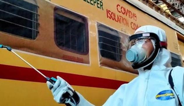 Railway workers spray disinfectant on Covid-19 isolation coaches, Kolkata, April 8, 2020(ANI)