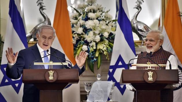 India’s Prime Minister Narendra Modi, (R) and Israeli Prime Minister Benjamin Netanyahu addressing a joint statement after a meeting at Hyderabad House in New Delhi. (Ajay Aggarwal/Hindustan Times) India’s Prime Minister Narendra Modi, (R) and Israeli Prime Minister Benjamin Netanyahu addressing a joint statement after a meeting at Hyderabad House in New Delhi. (Ajay Aggarwal/Hindustan Times)