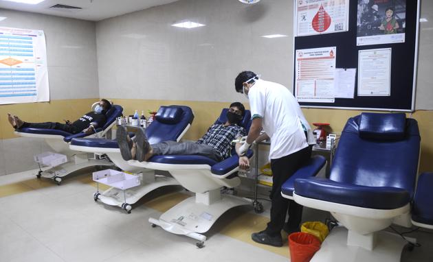 Volunteers donating blood at PGIMER’s blood donation centre.