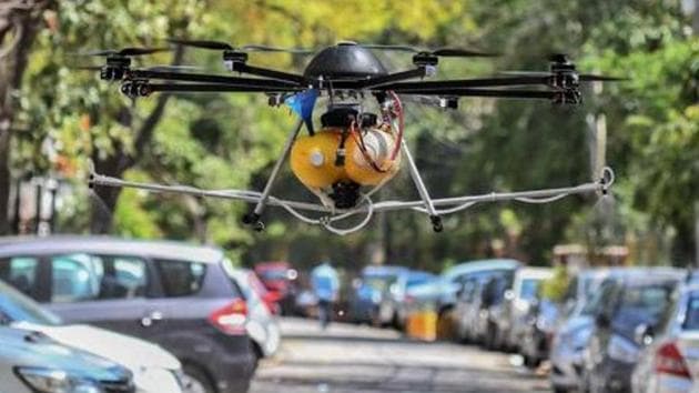 The Noida authority has plans to continue disinfecting hot spots with drones for at least the next three or four days until these areas are sanitised thoroughly. (Biplov Bhuyan/HT file photo) The Noida authority has plans to continue disinfecting hot spots with drones for at least the next three or four days until these areas are sanitised thoroughly. (Biplov Bhuyan/HT file photo)