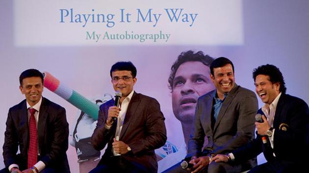 Cricket legend Sachin Tendulkar with his former teammates Sourav Ganguly, Rahul Dravid and VVS Laxman at the launch of his autobiography "Playing It My Way" on November 5, 2014 in Mumbai, India. (Photo by Satish Bate/Hindustan Times via Getty Images)(Hindustan Times via Getty Images) Cricket legend Sachin Tendulkar with his former teammates Sourav Ganguly, Rahul Dravid and VVS Laxman at the launch of his autobiography "Playing It My Way" on November 5, 2014 in Mumbai, India. (Photo by Satish Bate/Hindustan Times via Getty Images)(Hindustan Times via Getty Images)