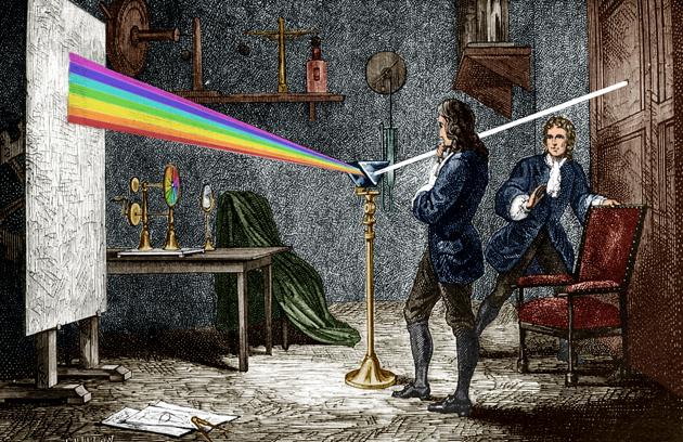 During the plague, Newton quarantined himself and used the time to develop calculus, analyse optics, and study gravity. An engraving and colourized print of Newton dispersing light with a glass prism.(Getty Images)