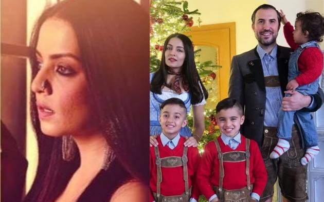 Celina Jaitley in a still from her Season’s Greetins (left) and with her family.