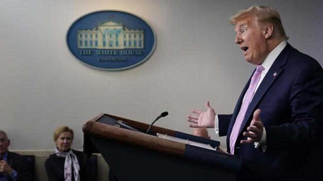 US President Donald Trump during the coronavirus task force briefing at the White House. (AP Photo) US President Donald Trump during the coronavirus task force briefing at the White House. (AP Photo)