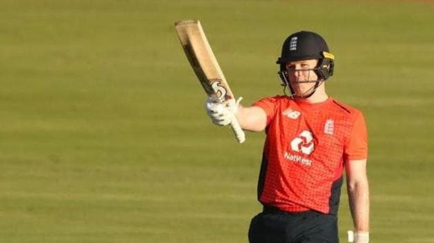 England's Eoin Morgan celebrates his half century. (REUTERS) England's Eoin Morgan celebrates his half century. (REUTERS)