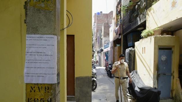 A notice on an electric pole informs people of the grocery stores selling essentials in the Khichripur locality, identified as a Covid-19 hotspot, during the nationwide lockdown to curb the spread of coronavirus, in East Delhi. (PTI) A notice on an electric pole informs people of the grocery stores selling essentials in the Khichripur locality, identified as a Covid-19 hotspot, during the nationwide lockdown to curb the spread of coronavirus, in East Delhi. (PTI)