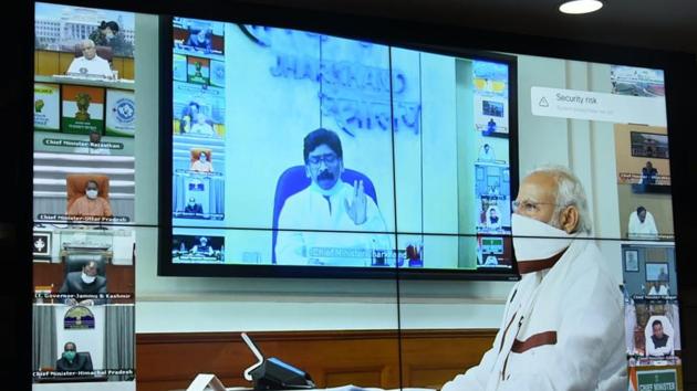 Chief minister Hemant Soren during a video conference with Prime minister Narendra Modi at Project building secretariat in Ranchi, India, on Saturday, April 11, 2020. (HT Photo) Chief minister Hemant Soren during a video conference with Prime minister Narendra Modi at Project building secretariat in Ranchi, India, on Saturday, April 11, 2020. (HT Photo)