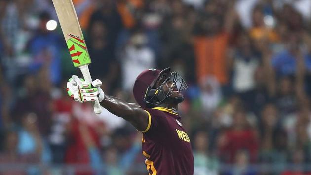 Carlos Brathwaite of the West Indies celebrates hitting the winning runs during the ICC World Twenty20 India 2016 Final match between England and West Indies at Eden Gardens on April 3, 2016 in Kolkata, India.(Getty Images)