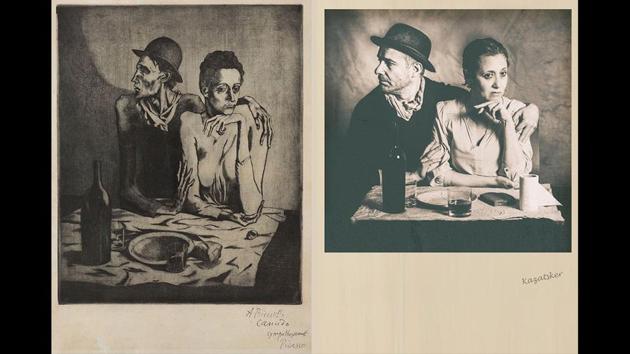 A copy of Pablo Picasso's 'The Frugal Meal' and Irena Kazatsker's recreation, in Nova Scotia, Canada. Photographer Kazatsker had the lights and the backdrops for a perfect recreation — with the sly twist of putting a roll of toilet paper on the table.“I decided to add a provocative detail that corresponds to the spirit of the time,” she said. (Irena Kazatsker via AP)