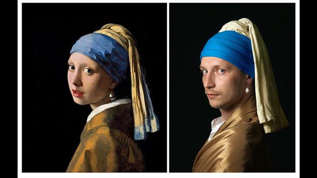 A copy of Johannes Vermeer's 'Girl with a Pearl Earring' artwork and Vitaly Fonarev's recreation, in Haifa, Israel. Vitaly Fonarev has carefully recreated the clothes and headdress of Vermeer’s “Girl With a Pearl Earring” and captured the Dutch artist’s famous glowing light. (Vitaly Fonarev via AP)
