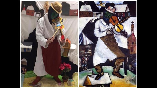 A copy of Marc Chagall's ‘Green Fiddle Player’ artwork (R) and Galina Vishnevskaya's recreation, in Moscow, Russia. (Galina Vishnevskaya via AP)