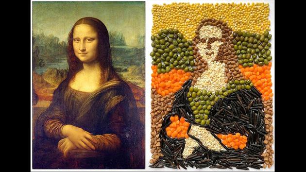 A copy of Leonardo da Vinci’s "Mona Lisa" and Julia Tabolkina's recreation with grains and pulses, in Moscow, Russia. (Julia Tabolkina via AP)