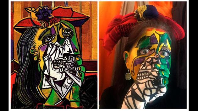 A copy of Pablo Picasso's ‘Crying Woman’ artwork and Katrusya Kosilkova's recreation, in Kyiv, Ukraine. Kosilkova employed an extensive palette of paints and careful brushwork to make her face a copy of the glaring colours and fractured perspective of Picasso’s “Weeping Woman.” It was time well-spent, in her view. (Katrusya Kosilkova via AP)