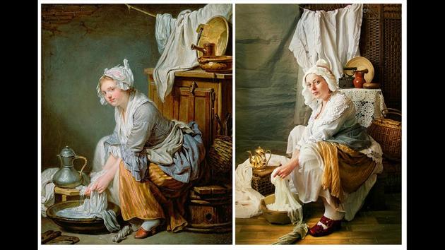 A copy of Jean-Baptiste Greuze's 'Washerwoman', artwork and Natalya Altypina's recreation, in Kherson, Ukraine. (Natalya Altypina via AP)