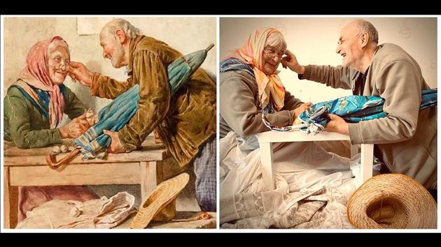 A copy of Pompeo Massani 'Good News' artwork and Yulia Savinikh's recreation, in St. Petersburg, Russia. (Yulia Savinikh via AP)