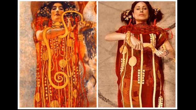 A copy of a fragment from Gustav Klimt's 'Medicine' artwork and Anastasia Veras recreation, in San Francisco, United States. (Anastasia Vera via AP)