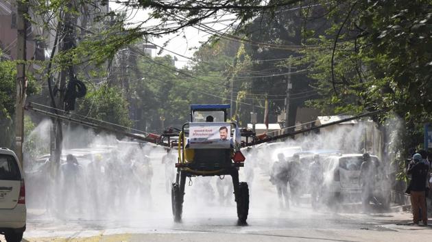 A Japanese spray machine that can disinfect areas up to 20,000 sq mtrs an hour, seen during a pilot sanitization drive in Double Storey Market, New Rajinder Nagar. The machine is meant to disinfect the city’s red and orange zones --areas in containment or those at high risk. (Sonu Mehta / HT Photo) A Japanese spray machine that can disinfect areas up to 20,000 sq mtrs an hour, seen during a pilot sanitization drive in Double Storey Market, New Rajinder Nagar. The machine is meant to disinfect the city’s red and orange zones --areas in containment or those at high risk. (Sonu Mehta / HT Photo)