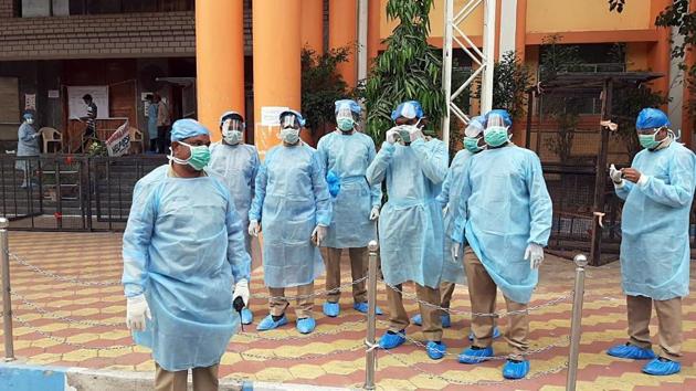 Police personnel wearing protective clothes deployed at Gandhi Hospital in Hyderabad on April 3, 2020. (ANI) Police personnel wearing protective clothes deployed at Gandhi Hospital in Hyderabad on April 3, 2020. (ANI)