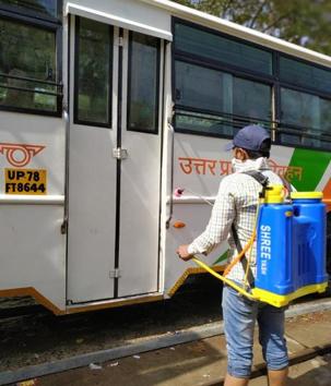 UPSRTC sanitizing buses in anticipation that the buses would be pressed into service for ferrying migrants to homes. (HT Photo) UPSRTC sanitizing buses in anticipation that the buses would be pressed into service for ferrying migrants to homes. (HT Photo)