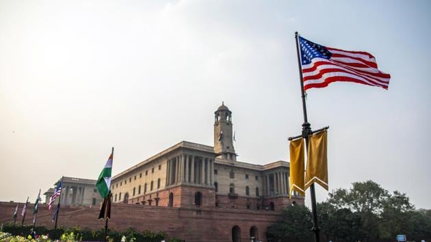 American and Indian flags flying from posts in front of the North Block, which houses the Ministries of Finance and Home Affairs, ahead of the arrival of US President Donald Trump in New Delhi, India, on Sunday, Feb. 23, 2020. (Bloomberg) American and Indian flags flying from posts in front of the North Block, which houses the Ministries of Finance and Home Affairs, ahead of the arrival of US President Donald Trump in New Delhi, India, on Sunday, Feb. 23, 2020. (Bloomberg)