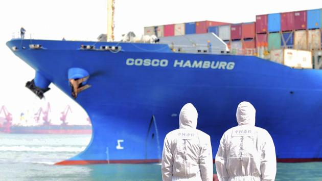 Workers in protective suits stand near a COSCO container ship docked at a port in Qingdao in eastern China's Shandong Province. (AP File Photo) Workers in protective suits stand near a COSCO container ship docked at a port in Qingdao in eastern China's Shandong Province. (AP File Photo)