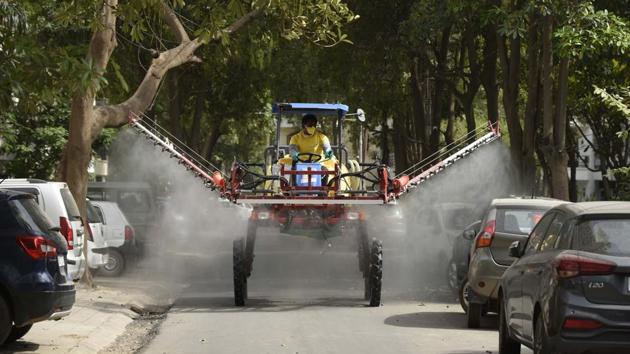 A Japanese spray machine is seen during a sanitation drive in South city-II Block-D, near Nirvana Country, in Gurugram, on Tuesday. (Praveen Kumar/HT Photo) A Japanese spray machine is seen during a sanitation drive in South city-II Block-D, near Nirvana Country, in Gurugram, on Tuesday. (Praveen Kumar/HT Photo)
