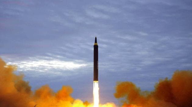 FILE - This Aug. 29, 2017 file photo distributed on Aug. 30, 2017, by the North Korean government shows what was said to be the test launch of a Hwasong-12 intermediate range missile in Pyongyang, North Korea. South Korea says North Korea has fired several suspected cruise missiles off its east coast. (AP)