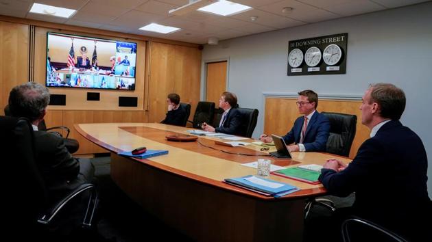 Britain's Foreign Secretary Dominic Raab attends a remote G7 meeting during the novel coronavirus outbreak at 10 Downing Street in London. (via REUTERS)