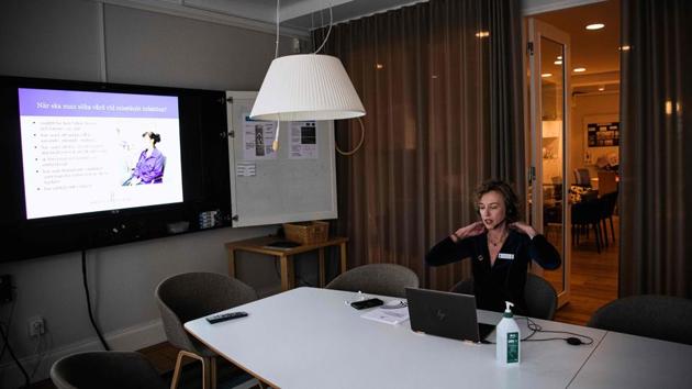 Johanna Adami, President of Sophiahemmet university gives a lecture online. Adami told AFP the crews’ work experience meant they already had many of the necessary skills. “They are trained in first aid, the most common diseases, and also safety and how to care for people.” (Jonathan Nackstrand / AFP) Johanna Adami, President of Sophiahemmet university gives a lecture online. Adami told AFP the crews’ work experience meant they already had many of the necessary skills. “They are trained in first aid, the most common diseases, and also safety and how to care for people.” (Jonathan Nackstrand / AFP)