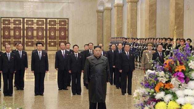 Pyongyang: In this photo provided by the North Korean government, North Korean leader Kim Jong Un, center, visits the Kumsusan Palace of the Sun, where the bodies of the late leaders Kim Il Sung and Kim Jong Il are enshrined, to commemorate the 78th birthday of his late father Kim Jong Il in Pyongyang. (AP) Pyongyang: In this photo provided by the North Korean government, North Korean leader Kim Jong Un, center, visits the Kumsusan Palace of the Sun, where the bodies of the late leaders Kim Il Sung and Kim Jong Il are enshrined, to commemorate the 78th birthday of his late father Kim Jong Il in Pyongyang. (AP)