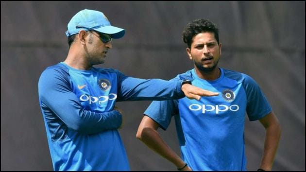 File image of MS Dhoni and Kuldeep Yadav. (File) File image of MS Dhoni and Kuldeep Yadav. (File)