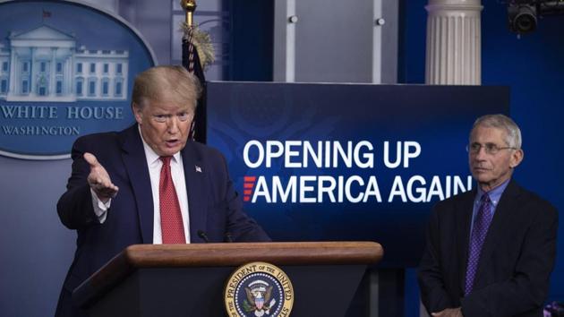 President Donald Trump speaks about the coronavirus, accompanied by Dr. Anthony Fauci, director of the National Institute of Allergy and Infectious Diseases, in the James Brady Press Briefing Room of the White House. (AP) President Donald Trump speaks about the coronavirus, accompanied by Dr. Anthony Fauci, director of the National Institute of Allergy and Infectious Diseases, in the James Brady Press Briefing Room of the White House. (AP)