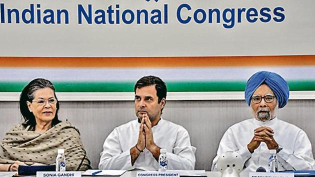 Congress president Sonia Gandhi with party leader Rahul Gandhi and former prime minister Manmohan Singh in New Delhi. (ANI File) Congress president Sonia Gandhi with party leader Rahul Gandhi and former prime minister Manmohan Singh in New Delhi. (ANI File)