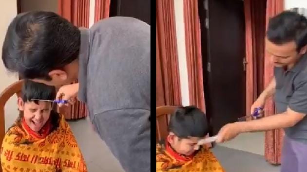 A video showing him cutting the children’s hair has gone viral on social media. (Twitter/@drdwivedisatish) A video showing him cutting the children’s hair has gone viral on social media. (Twitter/@drdwivedisatish)