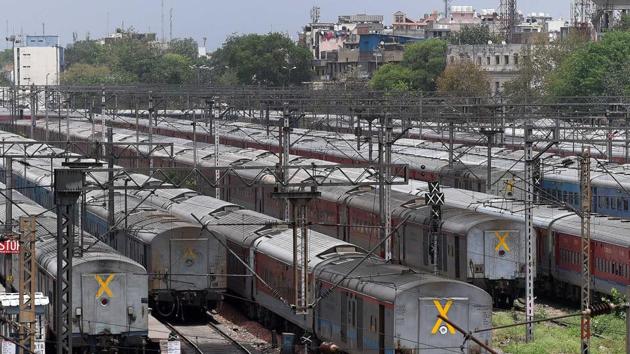Train coaches seen at a parking bay during the lockdown, at New Delhi Railway Station, Saturday, April 18, 2020.(Mohd Zakir/HT PHOTO) Train coaches seen at a parking bay during the lockdown, at New Delhi Railway Station, Saturday, April 18, 2020.(Mohd Zakir/HT PHOTO)