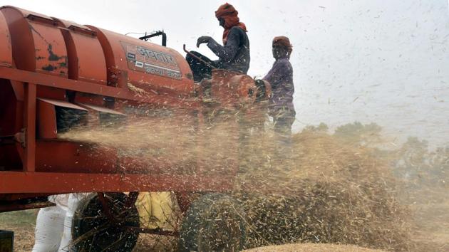 A farmer harvests wheat crop using a combine harvester at Naubatpur area in Patna. The lockdown saw all agricultural work come to a standstill, delaying crucial weeks of activity. (Parwaz Khan / HT Photo)