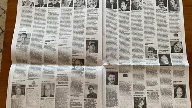 One of the obituary pages published in Sunday edition of the Boston Globe.(Twitter)