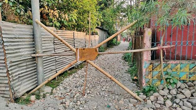 Bamboo barricades are set up in Khairabari village of Assam’s Barpeta district to prevent the entry of outsiders.