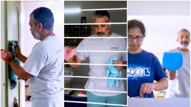 SS Rajamouli shared a video of himself helping his wife Rama out with housework.