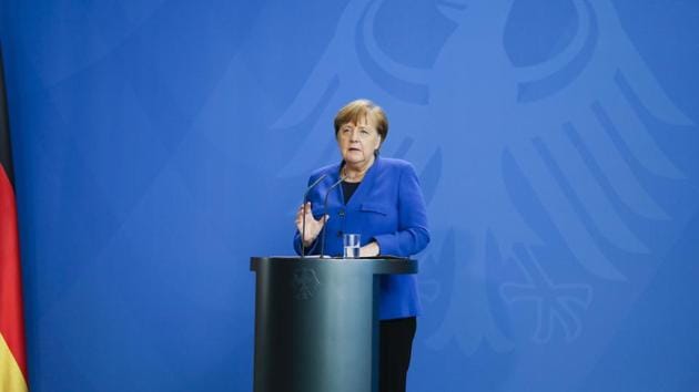 German Chancellor Angela Merkel brief the media about measures to avoid further spread of the coronavirus and the Covid -19 disease after a government meeting at the chancellery in Berlin.(AP) German Chancellor Angela Merkel brief the media about measures to avoid further spread of the coronavirus and the Covid -19 disease after a government meeting at the chancellery in Berlin.(AP)