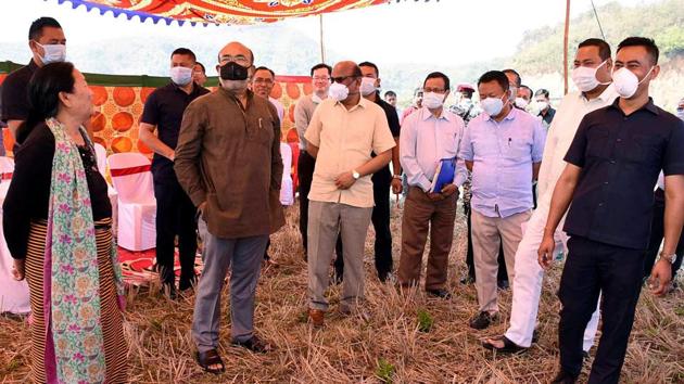 Manipur Chief Minister N. Biren Singh along with MLAs and high ranking officials of the State Government inspect the site for building a government hospital amid coronavirus pandemic, in Imphal on Monday. (ANI) Manipur Chief Minister N. Biren Singh along with MLAs and high ranking officials of the State Government inspect the site for building a government hospital amid coronavirus pandemic, in Imphal on Monday. (ANI)