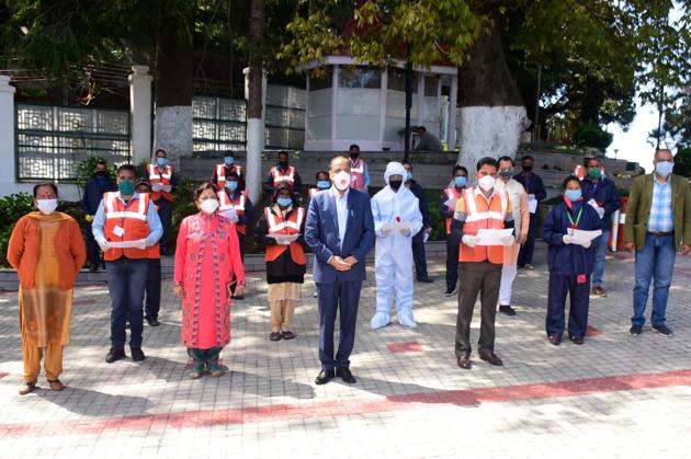 Chief minister Jai Ram Thakur with sanitary works at his official residence in Shimla on Tuesday. (HT PHOTO) Chief minister Jai Ram Thakur with sanitary works at his official residence in Shimla on Tuesday. (HT PHOTO)