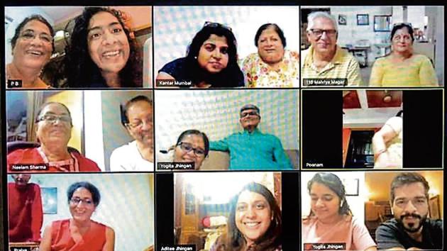 Sanya Sabharwal and her mother (middle square, top row) chat with family every day, play games. ‘When we’re not talking, we stay on mute, so whoever is talking can be heard clearly,’ she says. Sanya Sabharwal and her mother (middle square, top row) chat with family every day, play games. ‘When we’re not talking, we stay on mute, so whoever is talking can be heard clearly,’ she says.
