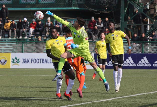 Real Kashmir FC football players seen in action with Chennai City FC I-League football match, at TRC Turf Ground, on December 26, 2019 in Srinagar.(Hindustan Times)